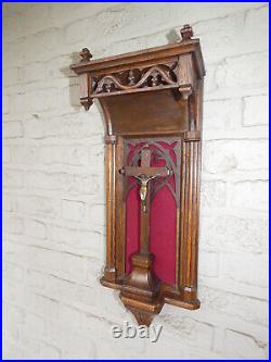 Antique Belgian Neo gothic wood carved niche chapel Religious wall crucifix
