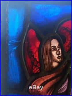 Antique Belgian Stained Glass Window Panel Holy Mary Religious Scene Purgatory