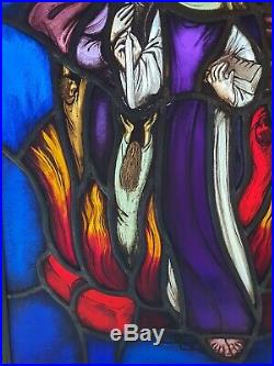 Antique Belgian Stained Glass Window Panel Holy Mary Religious Scene Purgatory