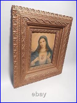 Antique Bible Print of Sacred Heart Mother Mary lovely Gilt wood Frame 20