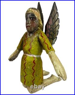 Antique Black FOLK ART CARVED WOOD ANGEL Cherub Figure Statue Kneeling