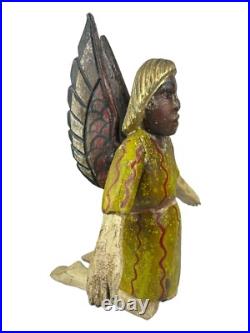 Antique Black FOLK ART CARVED WOOD ANGEL Cherub Figure Statue Kneeling