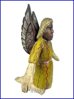 Antique Black FOLK ART CARVED WOOD ANGEL Cherub Figure Statue Kneeling