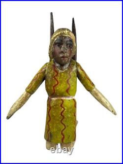 Antique Black FOLK ART CARVED WOOD ANGEL Cherub Figure Statue Kneeling