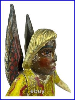 Antique Black FOLK ART CARVED WOOD ANGEL Cherub Figure Statue Kneeling