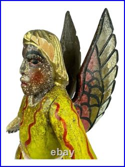 Antique Black FOLK ART CARVED WOOD ANGEL Cherub Figure Statue Kneeling