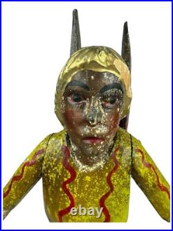 Antique Black FOLK ART CARVED WOOD ANGEL Cherub Figure Statue Kneeling