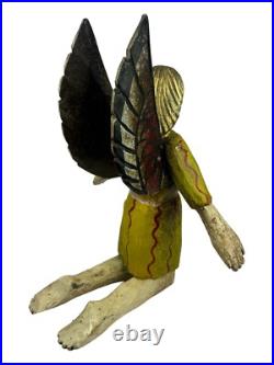 Antique Black FOLK ART CARVED WOOD ANGEL Cherub Figure Statue Kneeling