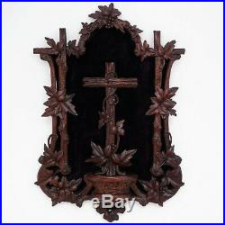 Antique Black Forest Hand Carved Wood Holy Water Font, Stoup Religious Cross