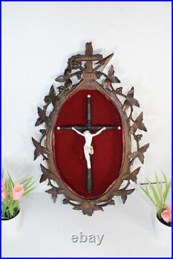 Antique Black forest wood carved Wall frame religious crucifix porcelain