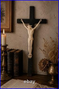 Antique Bone Corpus Crucifix on Wooden Cross French Catholic Religious Art