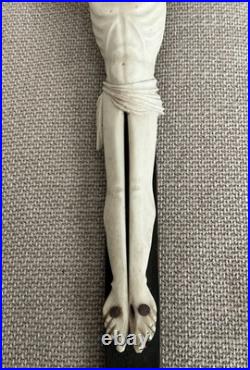 Antique Bone Corpus Crucifix on Wooden Cross French Catholic Religious Art