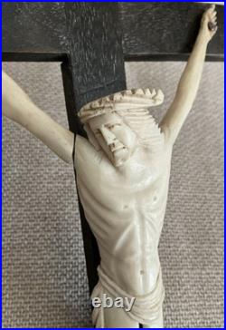 Antique Bone Corpus Crucifix on Wooden Cross French Catholic Religious Art
