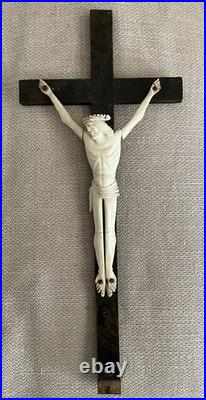 Antique Bone Corpus Crucifix on Wooden Cross French Catholic Religious Art