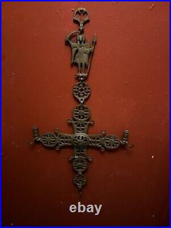 Antique Brass Religious Cross Byzantine Empire Candle Holder Altar Church Piece