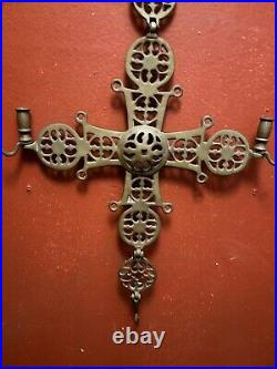 Antique Brass Religious Cross Byzantine Empire Candle Holder Altar Church Piece