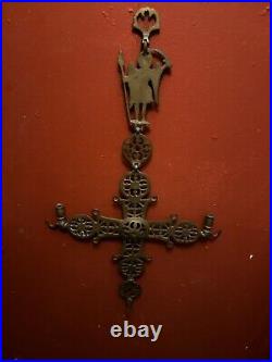 Antique Brass Religious Cross Byzantine Empire Candle Holder Altar Church Piece