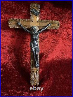 Antique Bronze Crucifix Wooden Cross Jesus Christ Religious Christianity