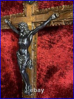 Antique Bronze Crucifix Wooden Cross Jesus Christ Religious Christianity