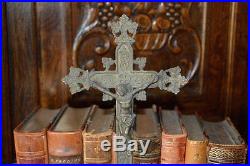 Antique Bronze French Processional Cross Religious Church Crucifix