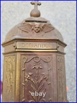 Antique Bronze Religious collection money box wall mount angel rare