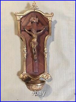 Antique Bronze & Wood French Christ Crucifix Religious Font Holy Water Jesus