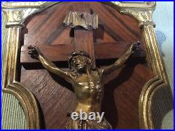 Antique Bronze & Wood French Christ Crucifix Religious Font Holy Water Jesus