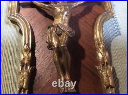 Antique Bronze & Wood French Christ Crucifix Religious Font Holy Water Jesus