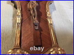 Antique Bronze & Wood French Christ Crucifix Religious Font Holy Water Jesus