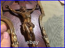 Antique Bronze & Wood French Christ Crucifix Religious Font Holy Water Jesus