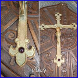 Antique Bronze french Religious crucifix cross Red Stones