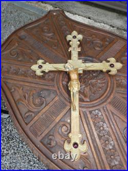 Antique Bronze french Religious crucifix cross Red Stones