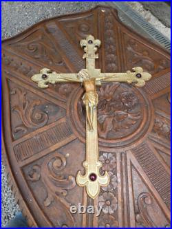 Antique Bronze french Religious crucifix cross Red Stones