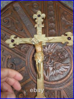 Antique Bronze french Religious crucifix cross Red Stones