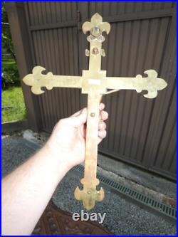 Antique Bronze french Religious crucifix cross Red Stones