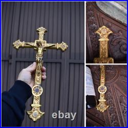 Antique Bronze wall crucifix enamel inlay decor religious