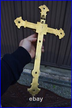 Antique Bronze wall crucifix enamel inlay decor religious