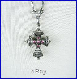 Antique Byzantine Sterling Silver Ruby Emerald Reversible Cross Pendant Necklace