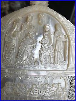 Antique Carved Chinese Intrest Holy Religious Mary Jesus Mother Of Pearl Plaque