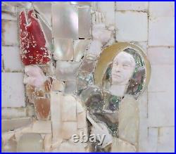 Antique Carved Mother of Pearl Coral Religious Plaque Mosaic Devotional Icon MOP