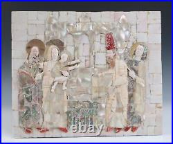 Antique Carved Mother of Pearl Coral Religious Plaque Mosaic Devotional Icon MOP