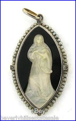 Antique Carved Mother of Pearl Onyx Diamonds Pearl 18k Religious Pendant
