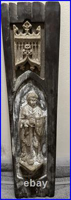 Antique Carved Oak Gothic Crusader Knight Saint Plaque Panel Figure Religious