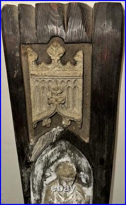 Antique Carved Oak Gothic Crusader Knight Saint Plaque Panel Figure Religious