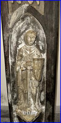 Antique Carved Oak Gothic Crusader Knight Saint Plaque Panel Figure Religious
