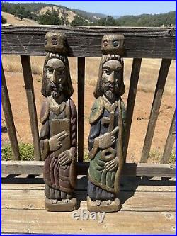 Antique Carved Religious Figures Painted Wood Heavy 37 T