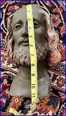Antique Carved Wood And Gessoed Religious Santos Head From The 1900's