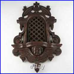 Antique Carved Wood Religious Altar Niche Wall Hanging, Lattice Door, Gothic