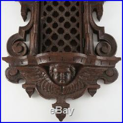 Antique Carved Wood Religious Altar Niche Wall Hanging, Lattice Door, Gothic