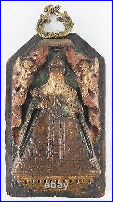 Antique Carved Wood Religious Icon Low Relief Madonna and Child Polychrome